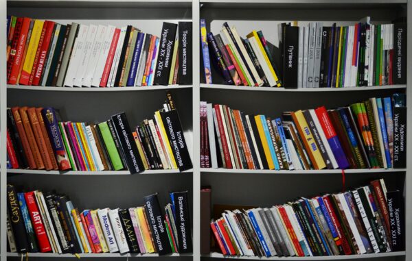 Diverse collection of books on neatly organized shelves in a bookstore setting.